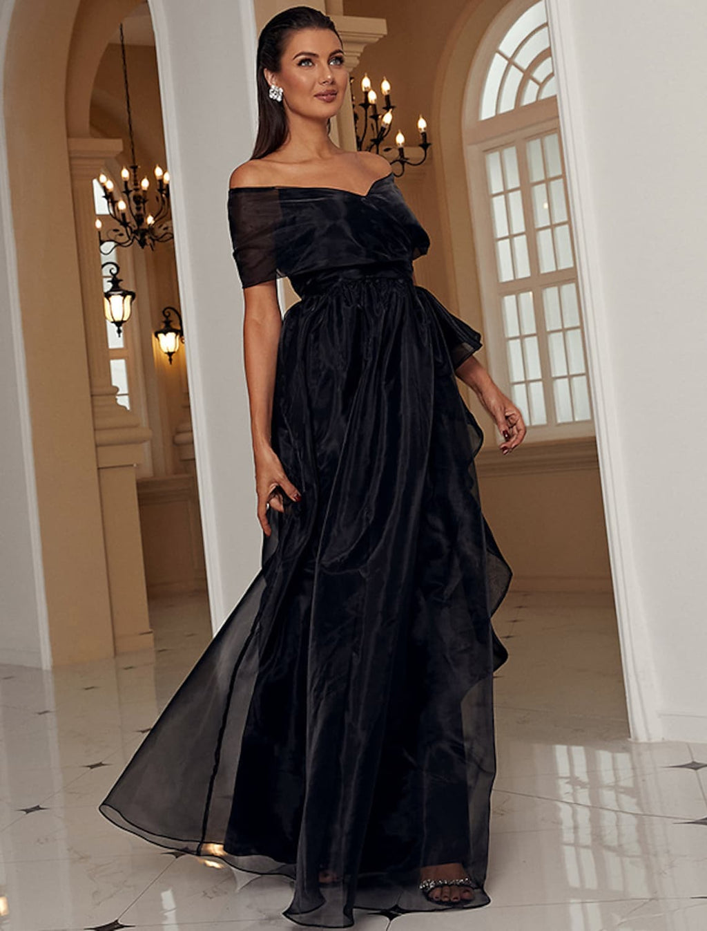 Evening Gown Sexy Dress Formal Floor Length Short Sleeve Off Shoulder with Ruffles Slit
