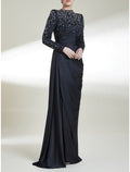 Sheath / Column Mother of the Bride Dress Wedding Guest Elegant High Neck Sweep / Brush Train Long Sleeve with Crystals Ruching Solid Color