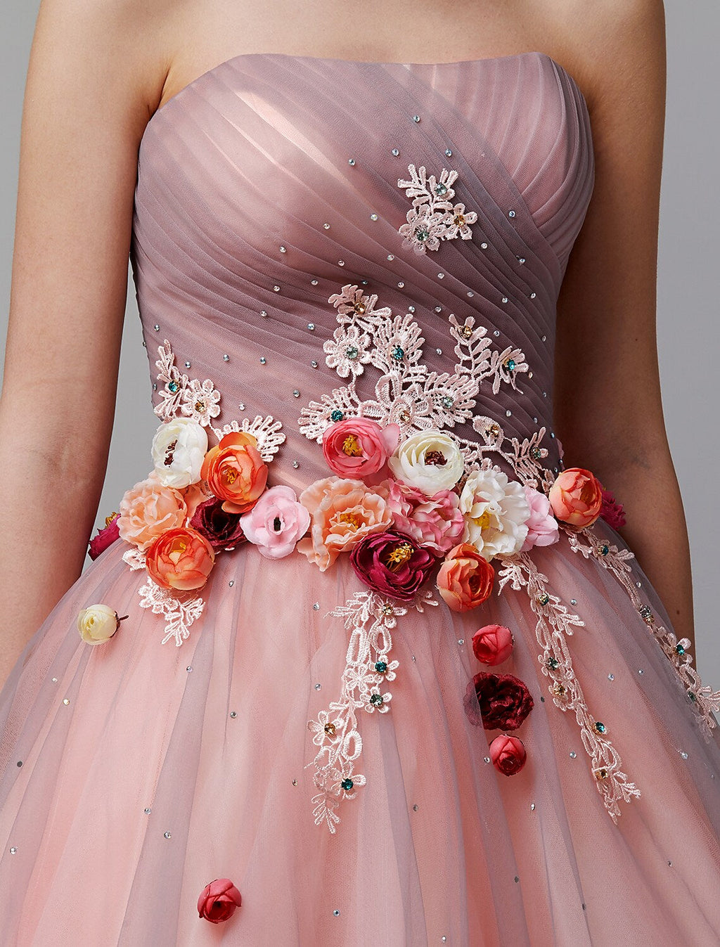 Ball Gown Evening Dress Strapless Sleeveless Floor Length Pleats Flower