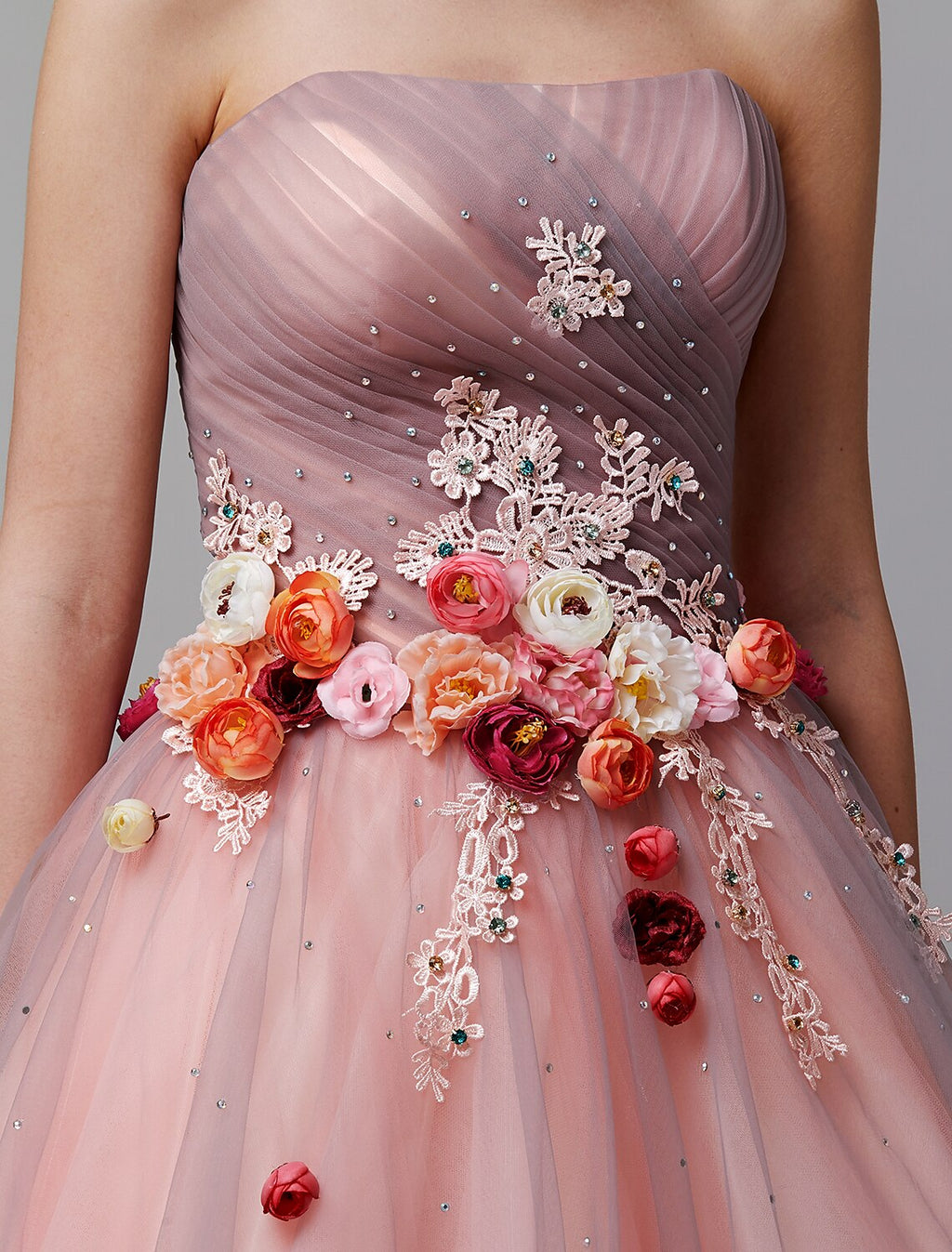 Ball Gown Floral Formal Evening Dress Strapless Sleeveless Floor Length with Pleats Flower