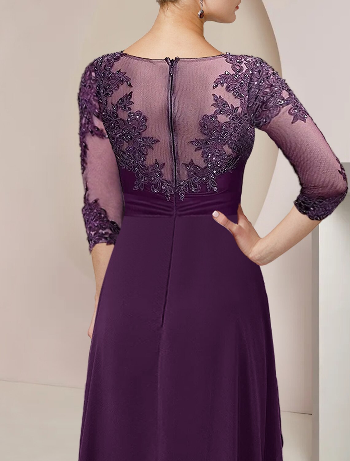 Mother of the Bride Dress Formal Wedding Guest Elegant High Low Scoop Neck Asymmetrical Floor Length 3/4 Length Sleeve with Beading Appliques