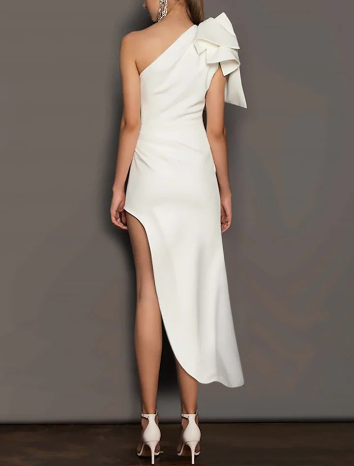 White Asymmetrical One-Shoulder High-Slit Midi Prom Dress
