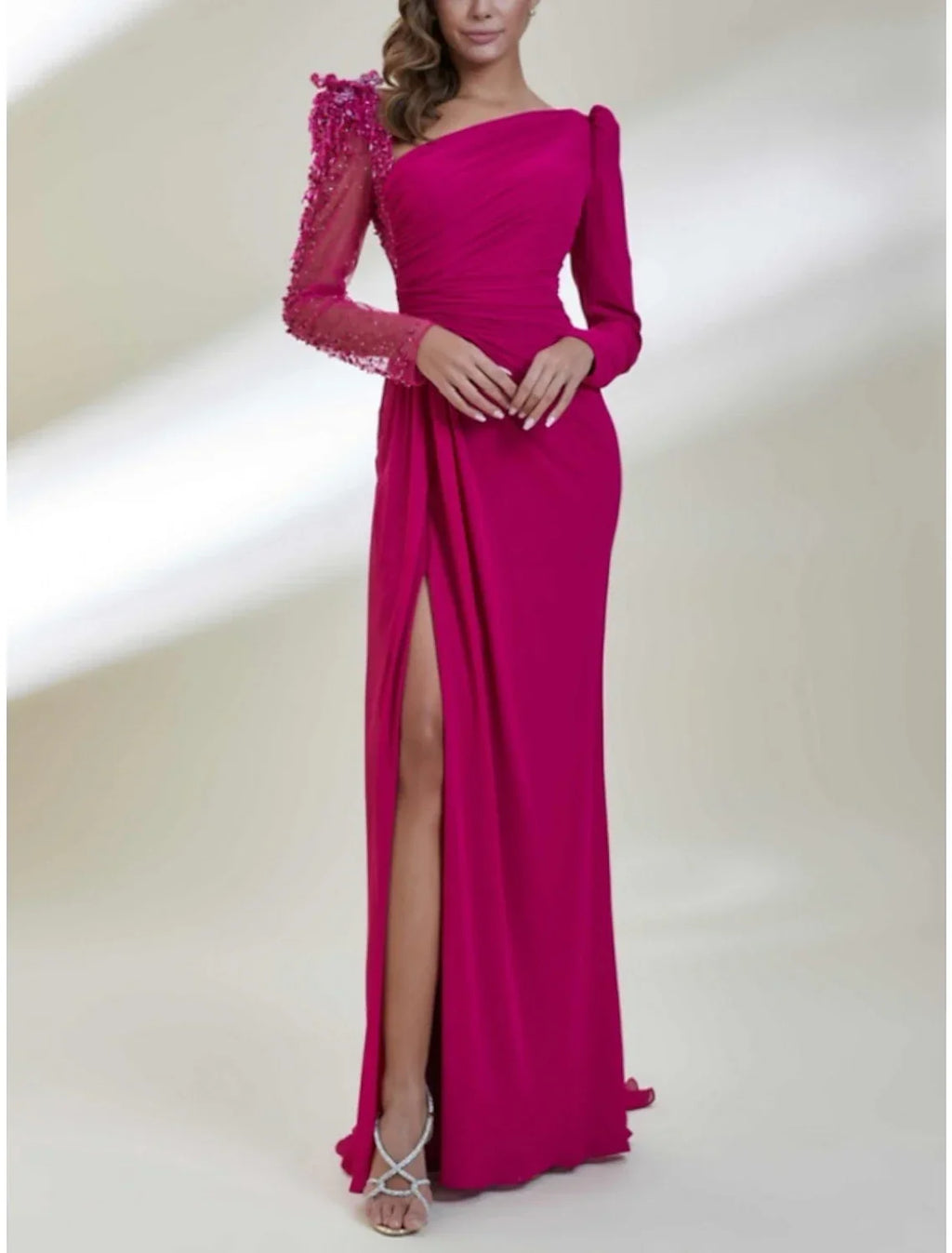 Green Sheath / Column Evening Gown Elegant Dress Formal Christmas Red Dress Sweep / Brush Train Long Sleeve Scoop Neck with Pleats Ruched