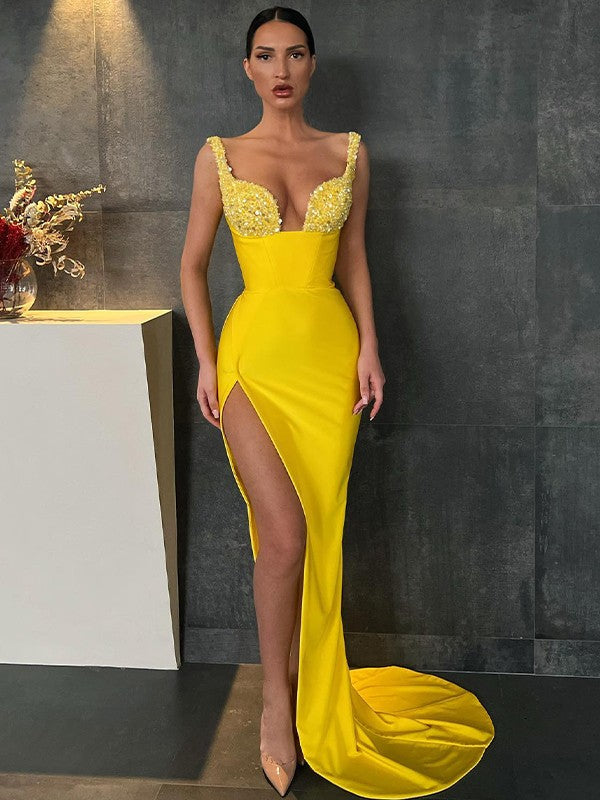Sheath/Column V-neck Sleeveless Sweep/Brush Train Dresses