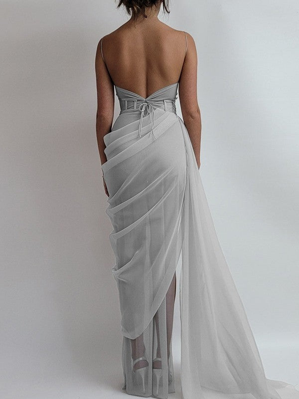 Sheath/Column Ruched Spaghetti Straps Sleeveless Sweep/Brush Train Dresses