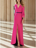 Sheath / Column Mother of the Bride Dress Formal Party Elegant V Neck Sweep / Brush Train Asymmetrical Fabric Long Sleeve with Split Front Ruching