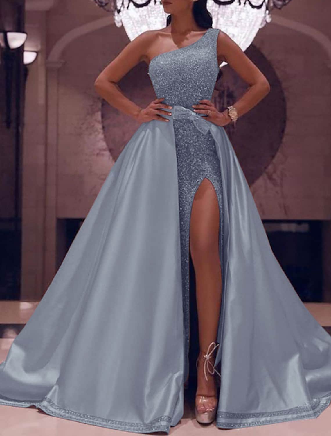Sparkly Sexy Dress Evening Party Floor Length Sleeveless One Shoulder Detachable with Bow(s) Slit