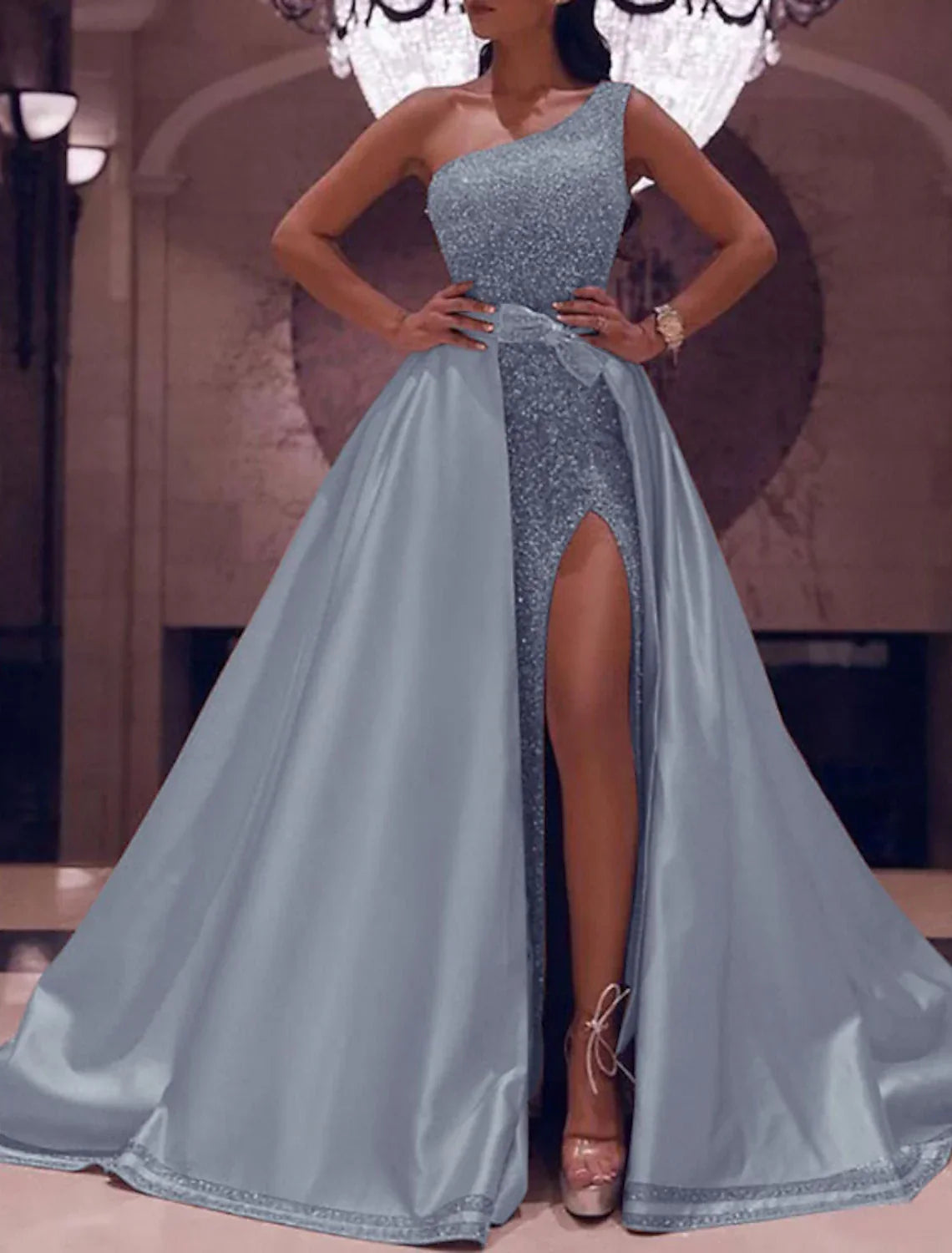 Ball Gown Prom Dresses Sparkle & Shine Dress Evening Party Quinceanera Floor Length Sleeveless One Shoulder Detachable with Bow(s)