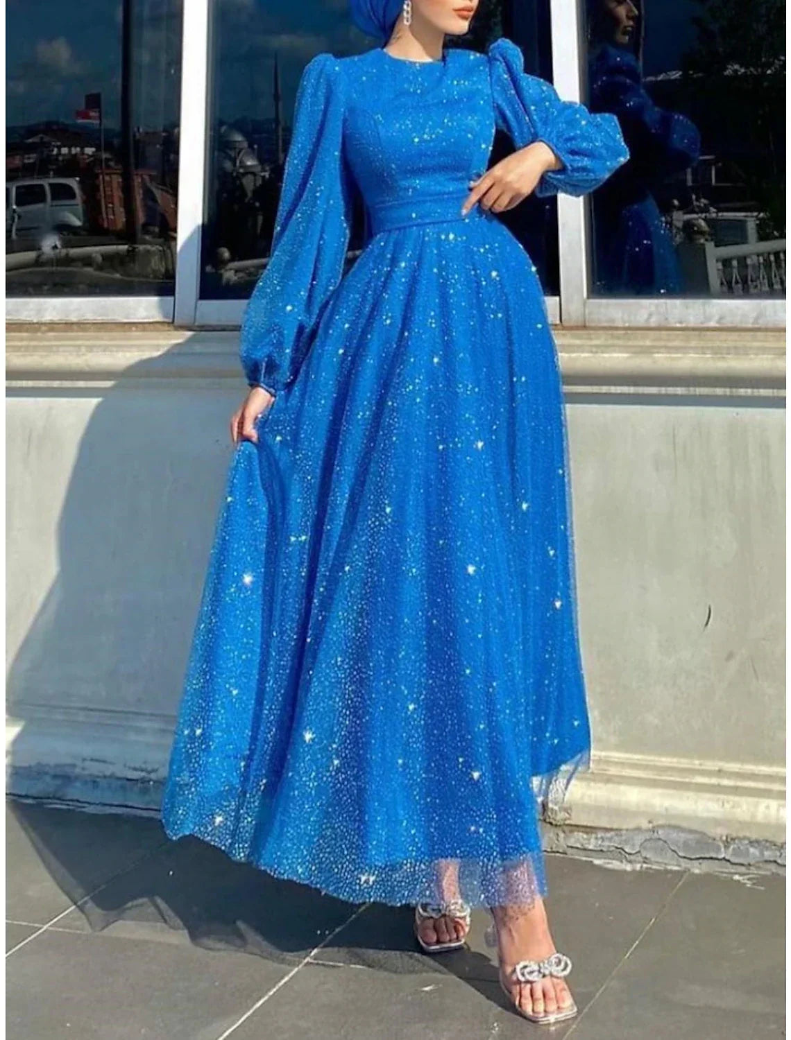 Evening Gown Elegant Dress Formal Ankle Length Long Sleeve Jewel Neck with Glitter Pleats