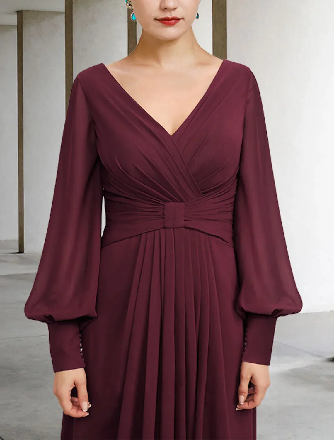 Mother of the Bride Dress Plus Size Elegant V Neck Asymmetrical Floor Length Long Sleeve with Pleats Ruched