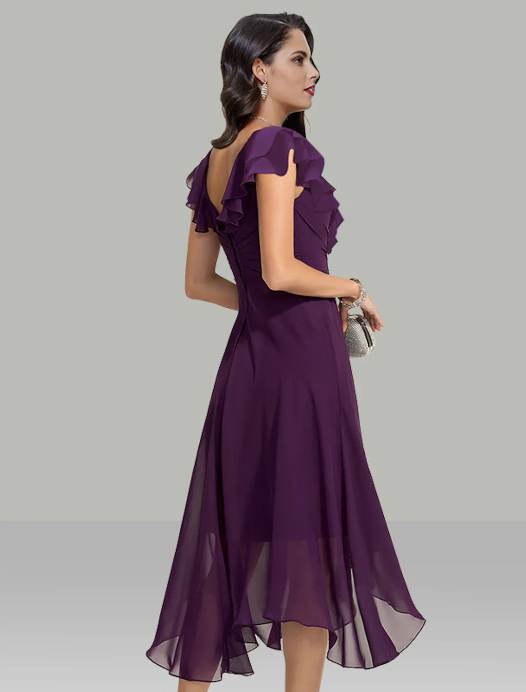 Wedding Guest Dresses Elegant Dress Cocktail Party Tea Length Short Sleeve V Neck with Rhinestone