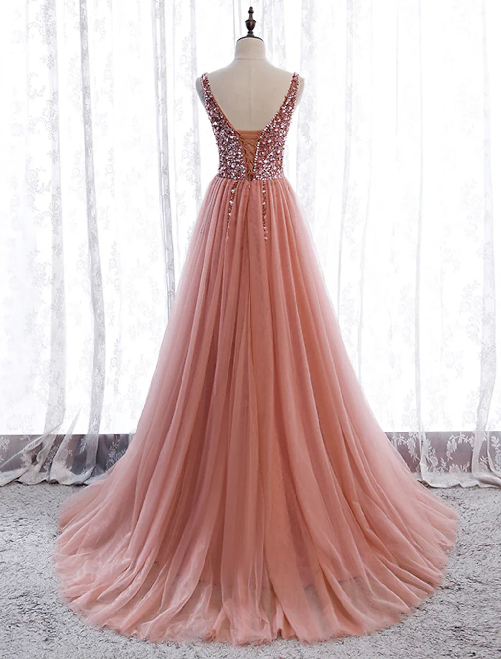 Party Wear Court Train Sleeveless V Neck with Pearls Embroidery