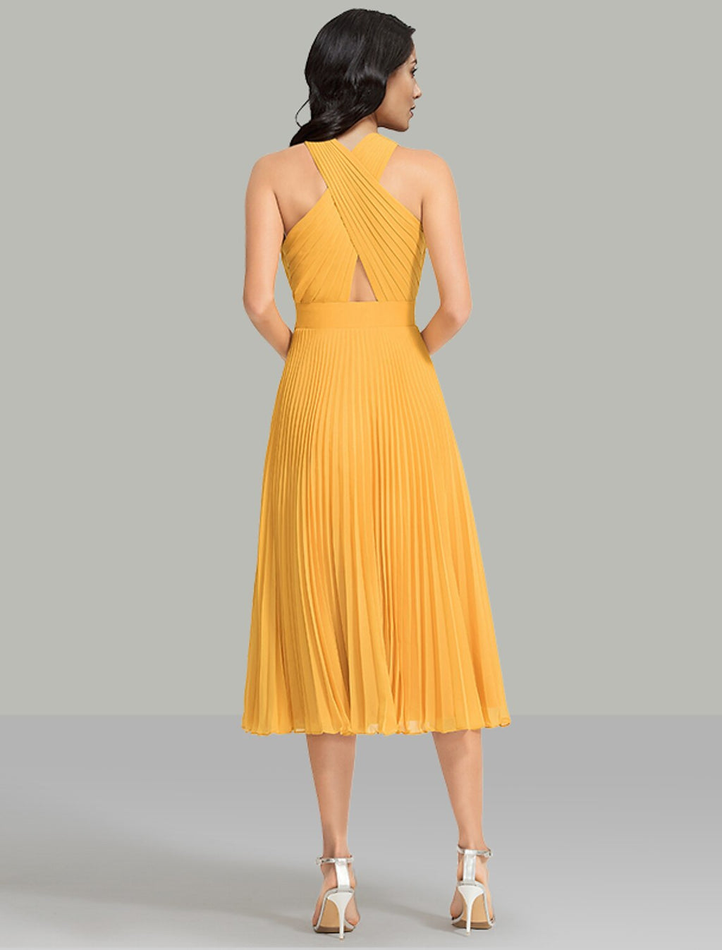 Wedding Guest Dresses Elegant Dress Cocktail Party Wedding Party Tea Length Sleeveless Halter Neck with Ruched