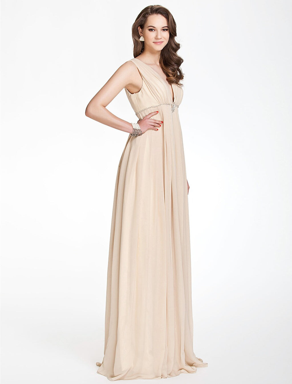 Bridesmaid Dress V Neck Sleeveless Beautiful Floor Length with Pleats Beading