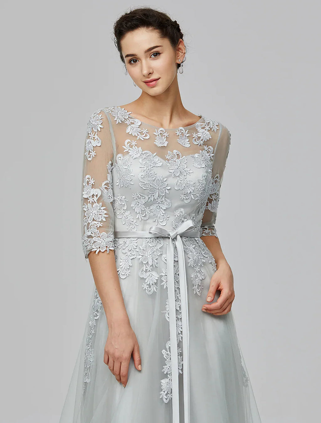Wedding Guest Floor Length Half Sleeve with Bow(s) Appliques