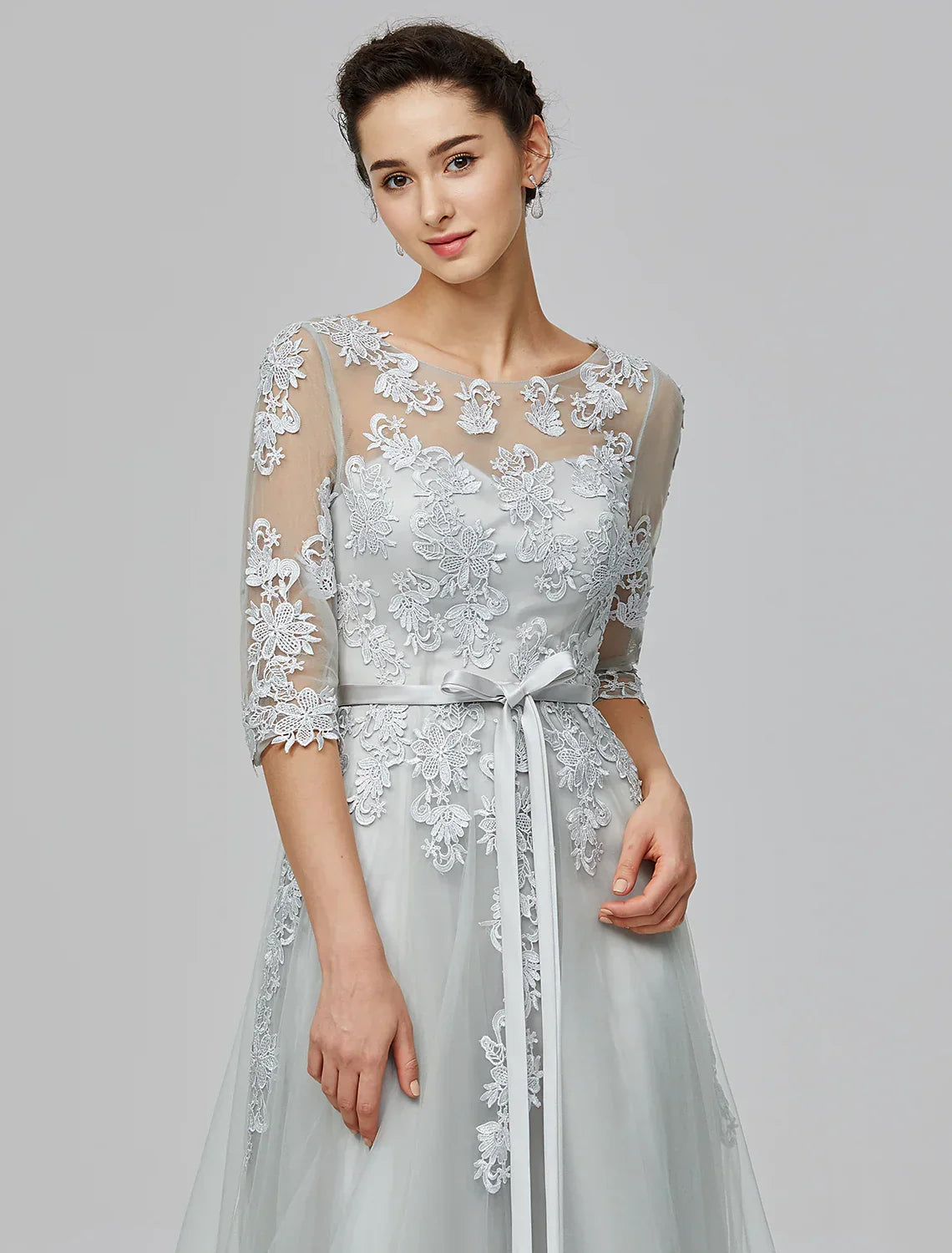 Wedding Guest Floor Length Half Sleeve with Bow(s) Appliques
