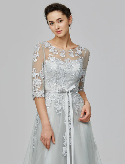 Elegant Red A-Line Classic-Neck Classic-Sleeve Classic-Back Floor-Length Wedding Dress