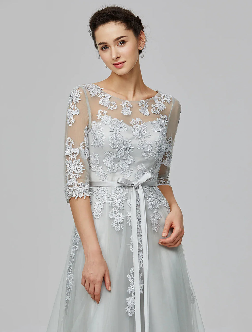 Empire Dress Wedding Guest Prom Floor Length Half Sleeve Illusion Neck with Bow(s) Appliques