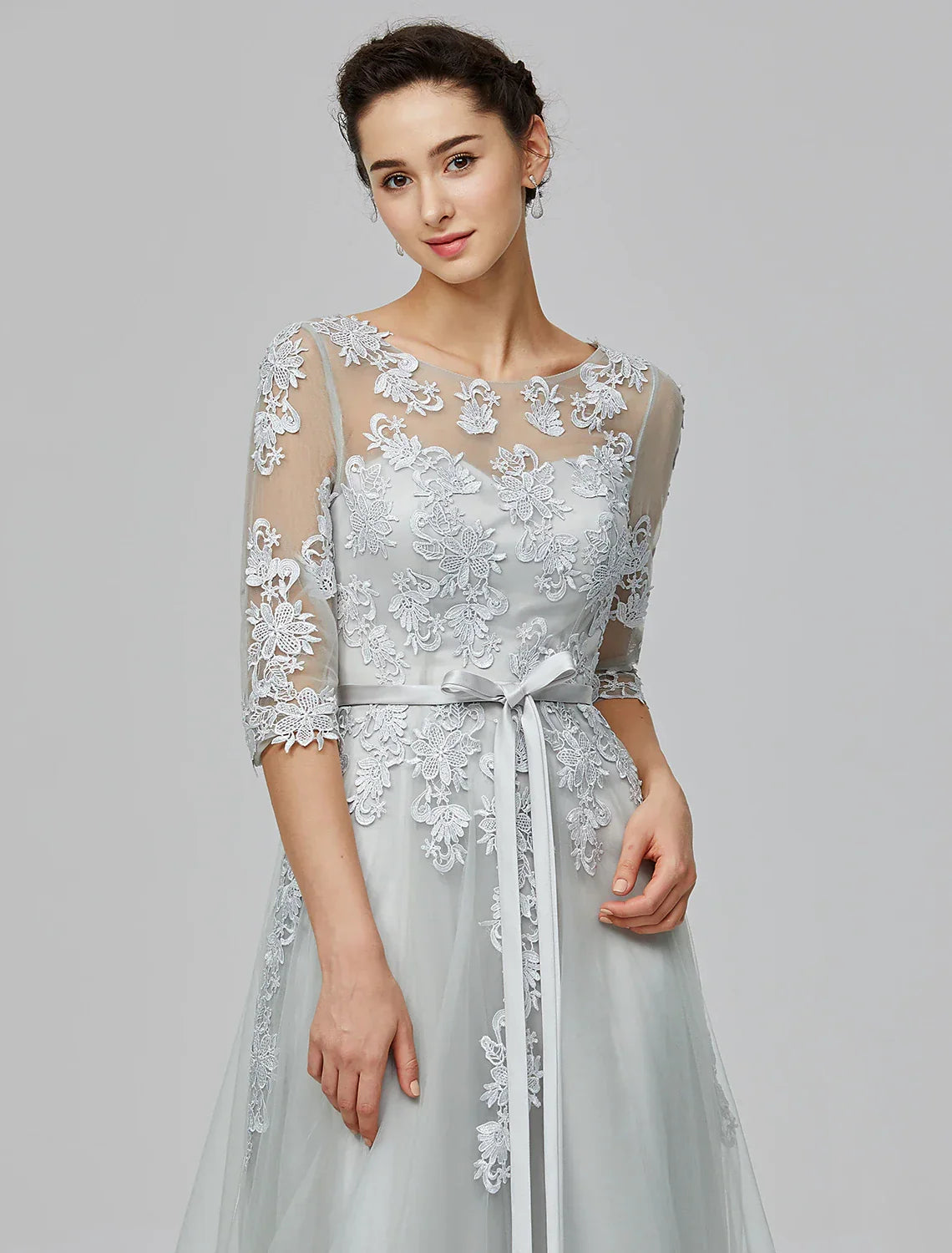 Empire Dress Wedding Guest Prom Floor Length Half Sleeve Illusion Neck with Bow(s) Appliques
