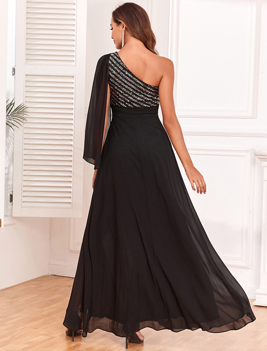 Evening Gown Elegant Dress Evening Party Party Wear Floor Length Long Sleeve One Shoulder with Glitter Slit
