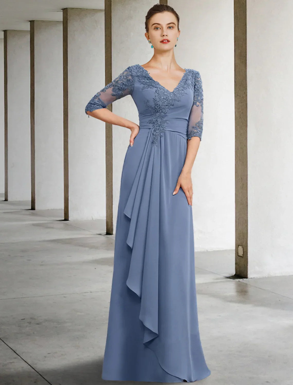 Mother of the Bride Dress Vintage Elegant V Neck Floor Length Half Sleeve Appliques Ruching