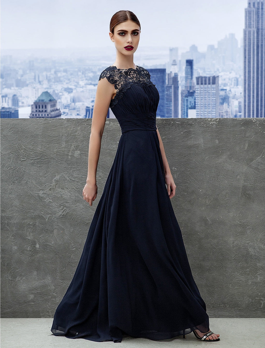 Evening Gown Dress Wedding Guest Floor Length Short Sleeve Boat Neck with Ruched