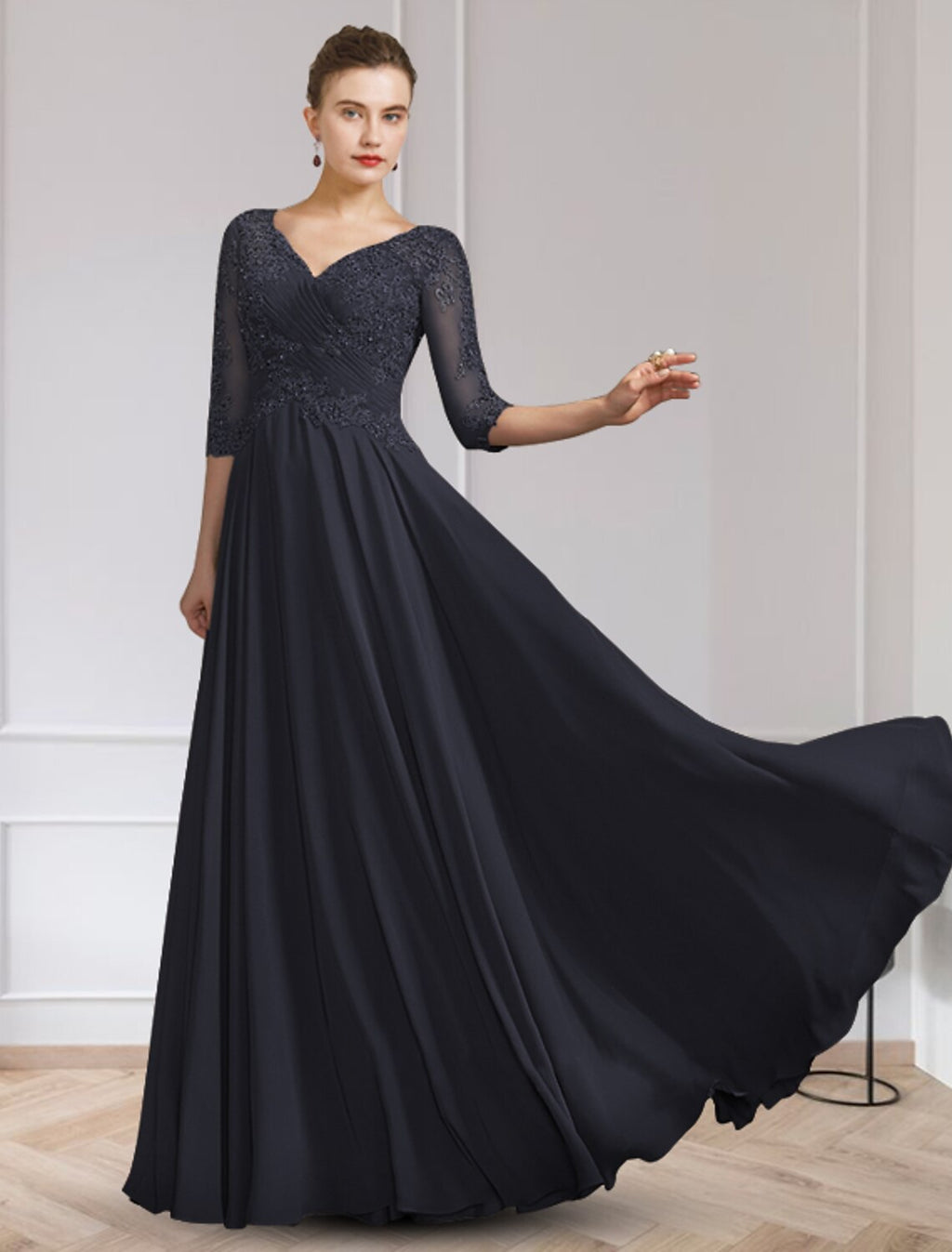 Mother of the Bride Dress Elegant V Neck Floor Length Half Sleeve with Appliques