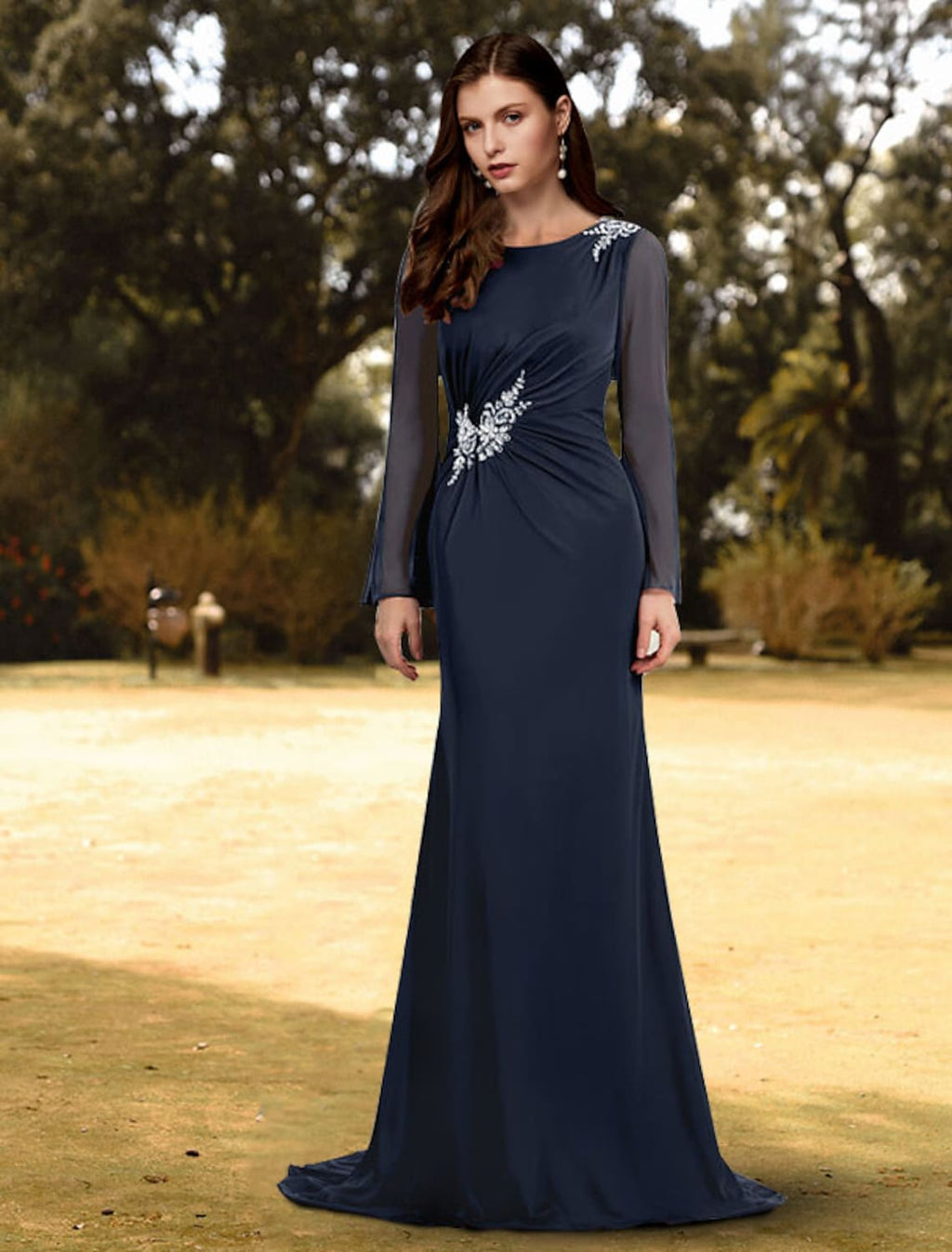 Sheath / Column Evening Gown Empire Dress Wedding Guest Sweep / Brush Train Long Sleeve Jewel Neck with Sash / Ribbon Pure Color Shouder Flower