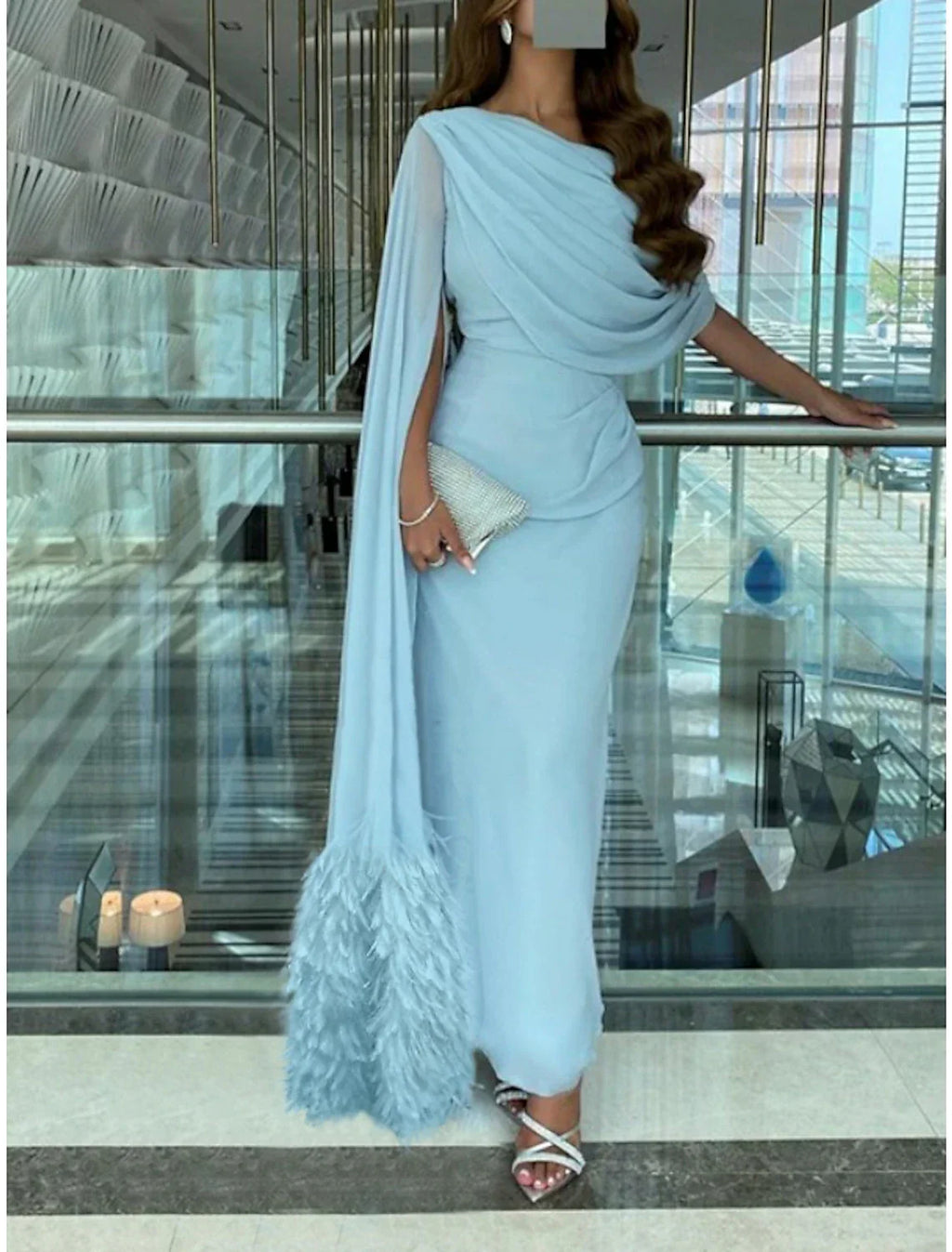 Sheath / Column Evening Gown Elegant Dress Formal Fall Sweep / Brush Train Sleeveless Cowl Neck with Feather Ruched Slit