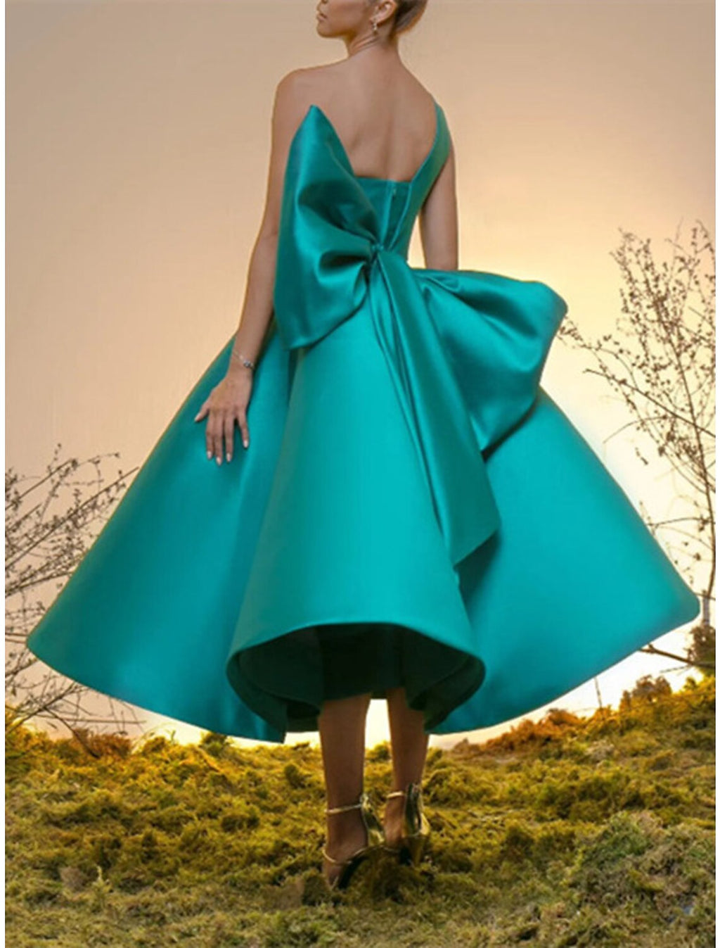 Black Ball Gown Cocktail Dress Vintage Dress Homecoming Wedding Guest Tea Length Sleeveless One Shoulder with Bow(s)