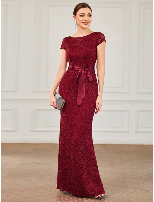 Vintage Red A-Line Classic-Neck Short-Sleeve Classic-Back Floor-Length Prom Dress