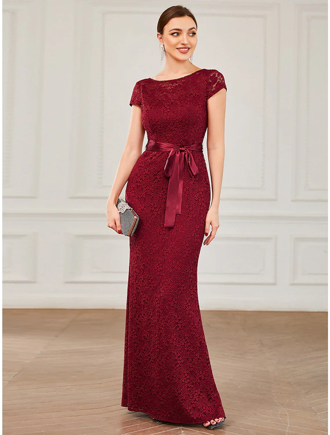 Vintage Red Mermaid Classic-Neck Short-Sleeve Classic-Back Floor-Length Prom Dress