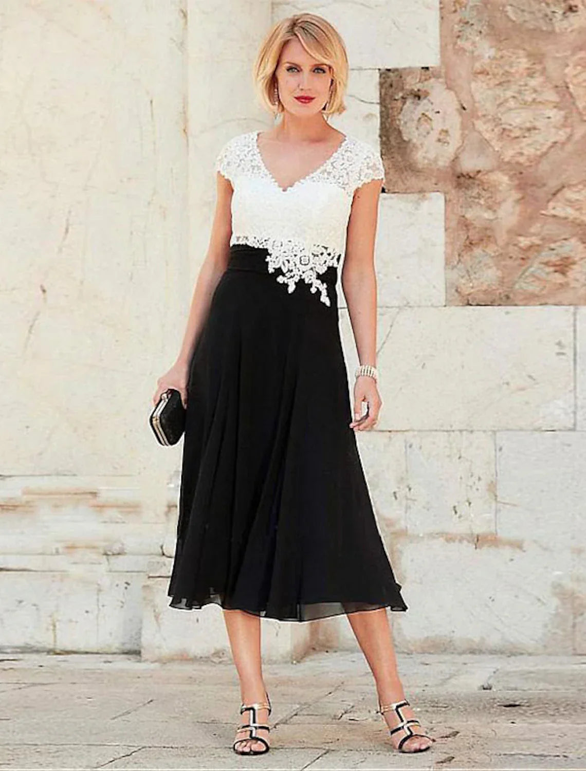 Mother of the Bride Dress Plus Size V Neck Tea Length Short Sleeve with Ruching