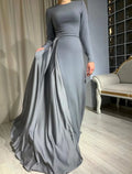 Sheath Party Dress Evening Gown Minimalist Dress Wedding Guest Formal Evening Floor Length Long Sleeve Jewel Neck with Pleats