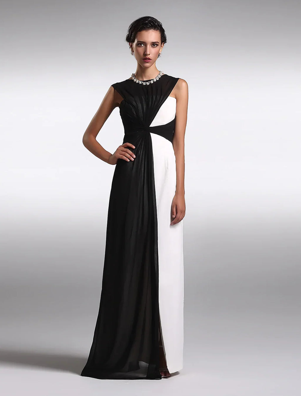Black Little Dress Dress Wedding Guest Floor Length Sleeveless V Back with Ruched