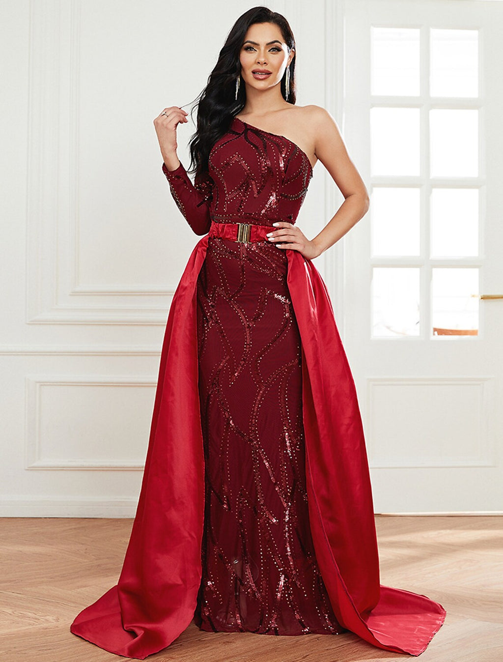 Evening Gown Sexy Dress Formal Long Sleeve One Shoulder