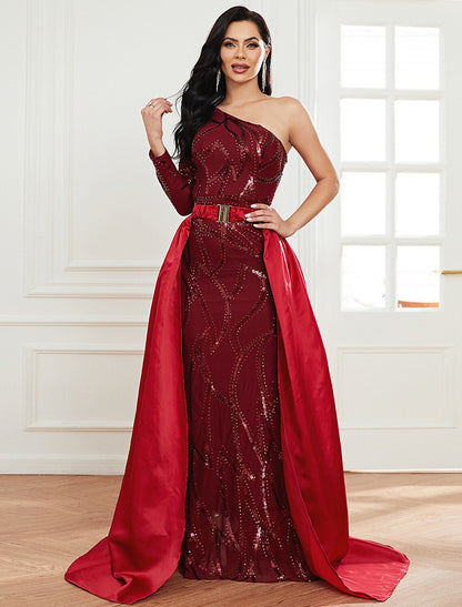 Elegant Red A-Line One-Shoulder Long-Sleeve Classic-Back Floor-Length Evening Dress