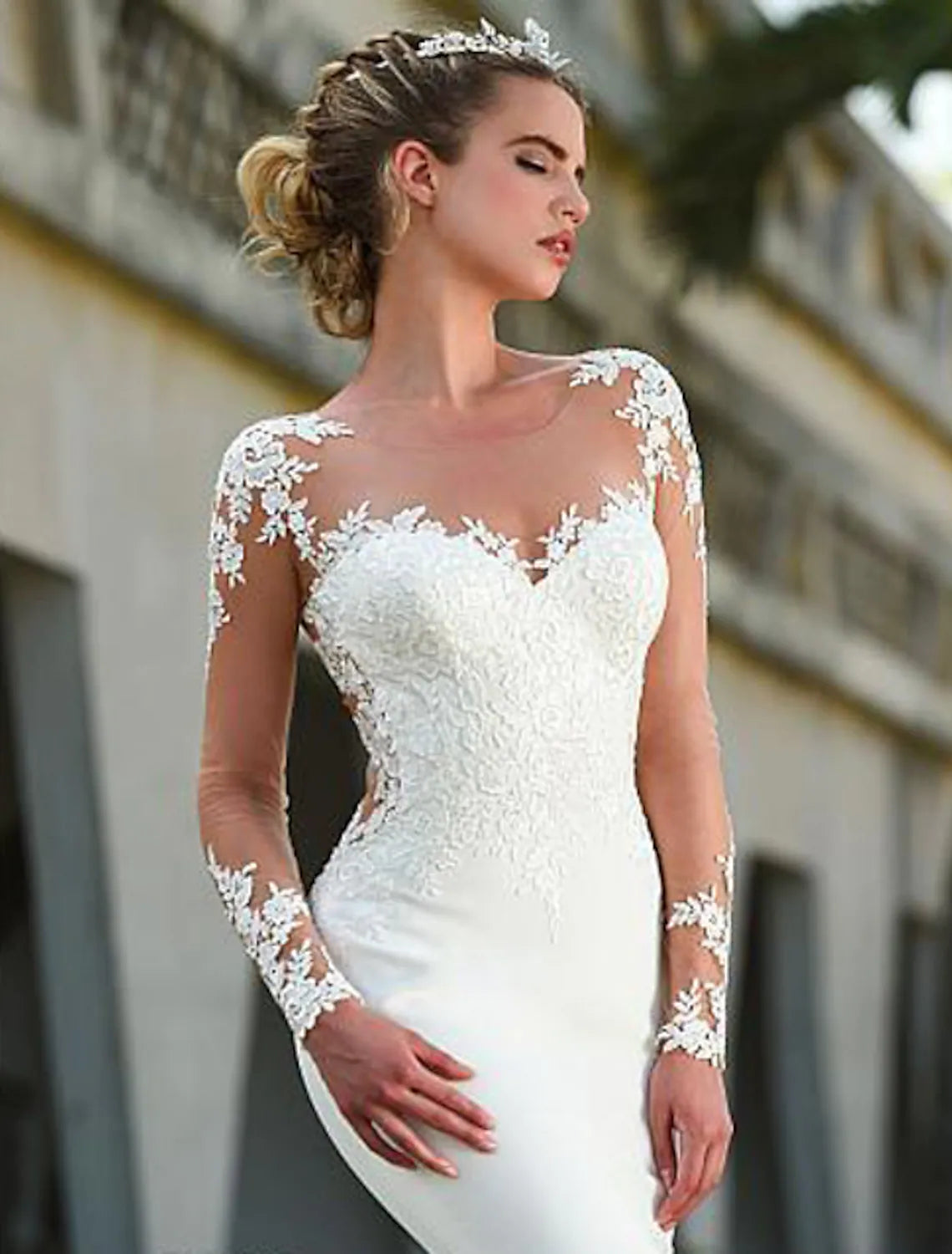 Engagement Open Back Formal Wedding Dresses Long Sleeve Appliques