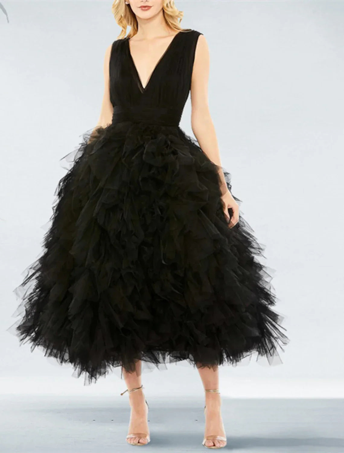 Black Ball Gown Prom Dress Plus Size Vintage Dress Wedding Party Birthday Tea Length Sleeveless V Neck with Pleats