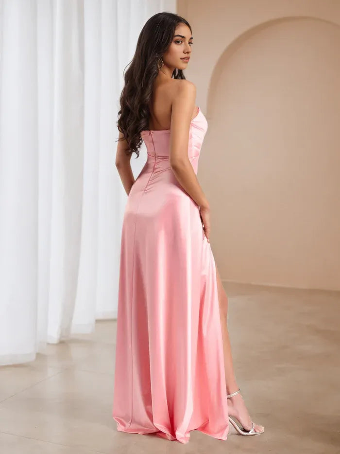 Pink omantic Strapless Prom Gown - Fabric Ruched Top Side Slit