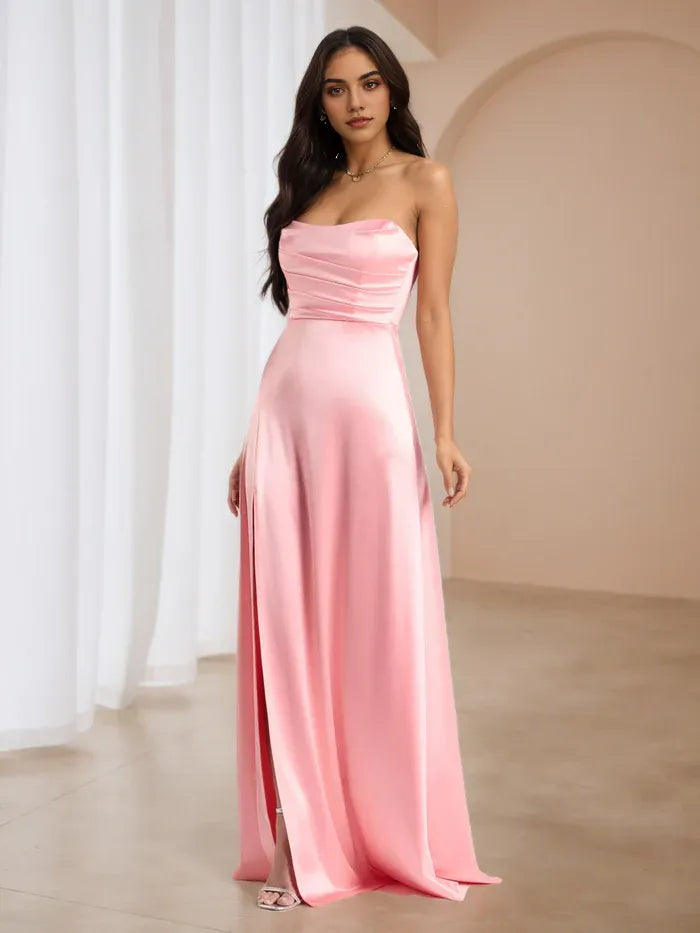 Pink omantic Strapless Prom Gown - Fabric Ruched Top Side Slit