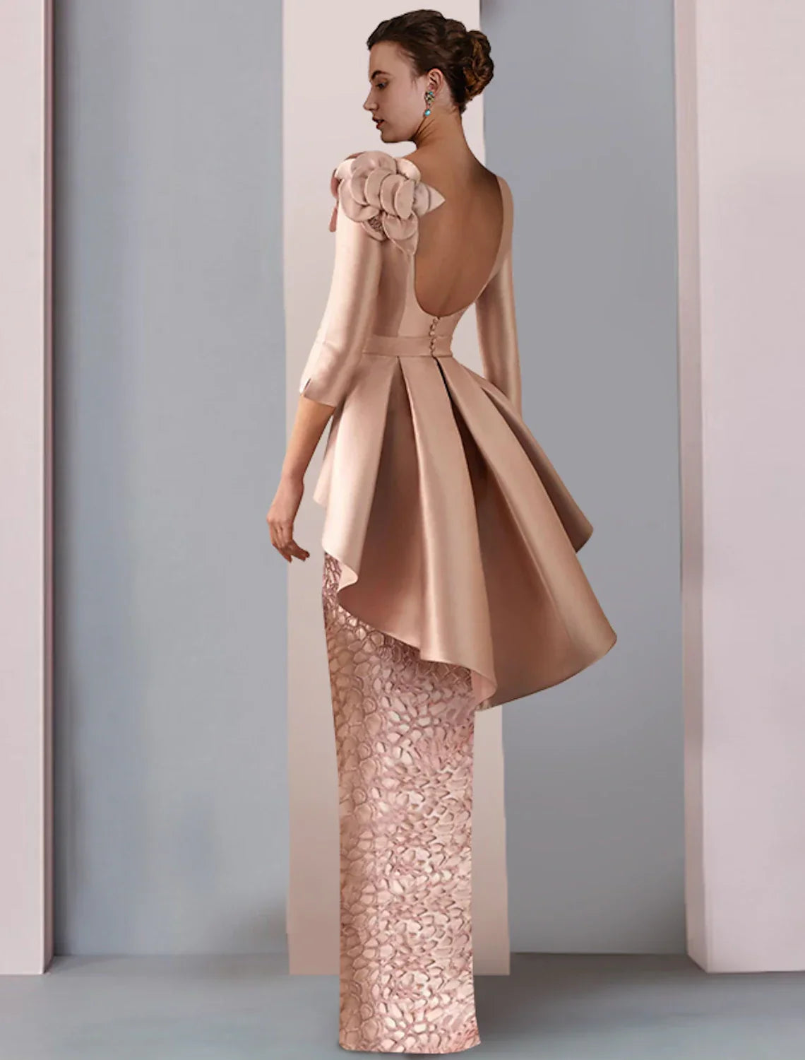Sheath / Column Mother of the Bride Dress Fall Wedding Guest Party Elegant V Neck Floor Length 3/4 Length Sleeve with Appliques Cascading Ruffles Flower