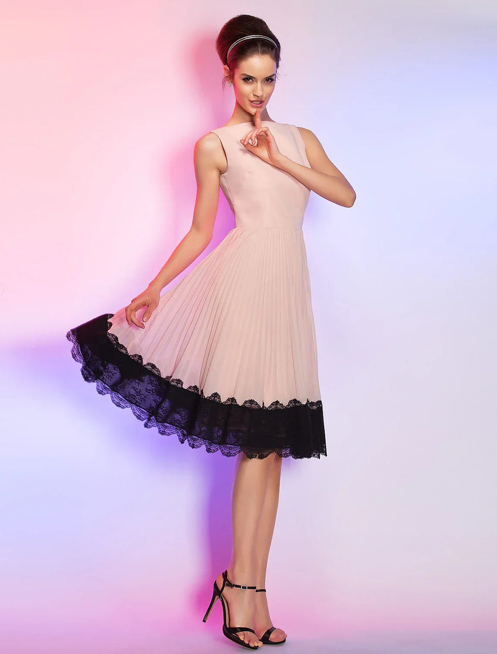 Pink Homecoming Knee Length Sleeveless Boat Neck Dress
