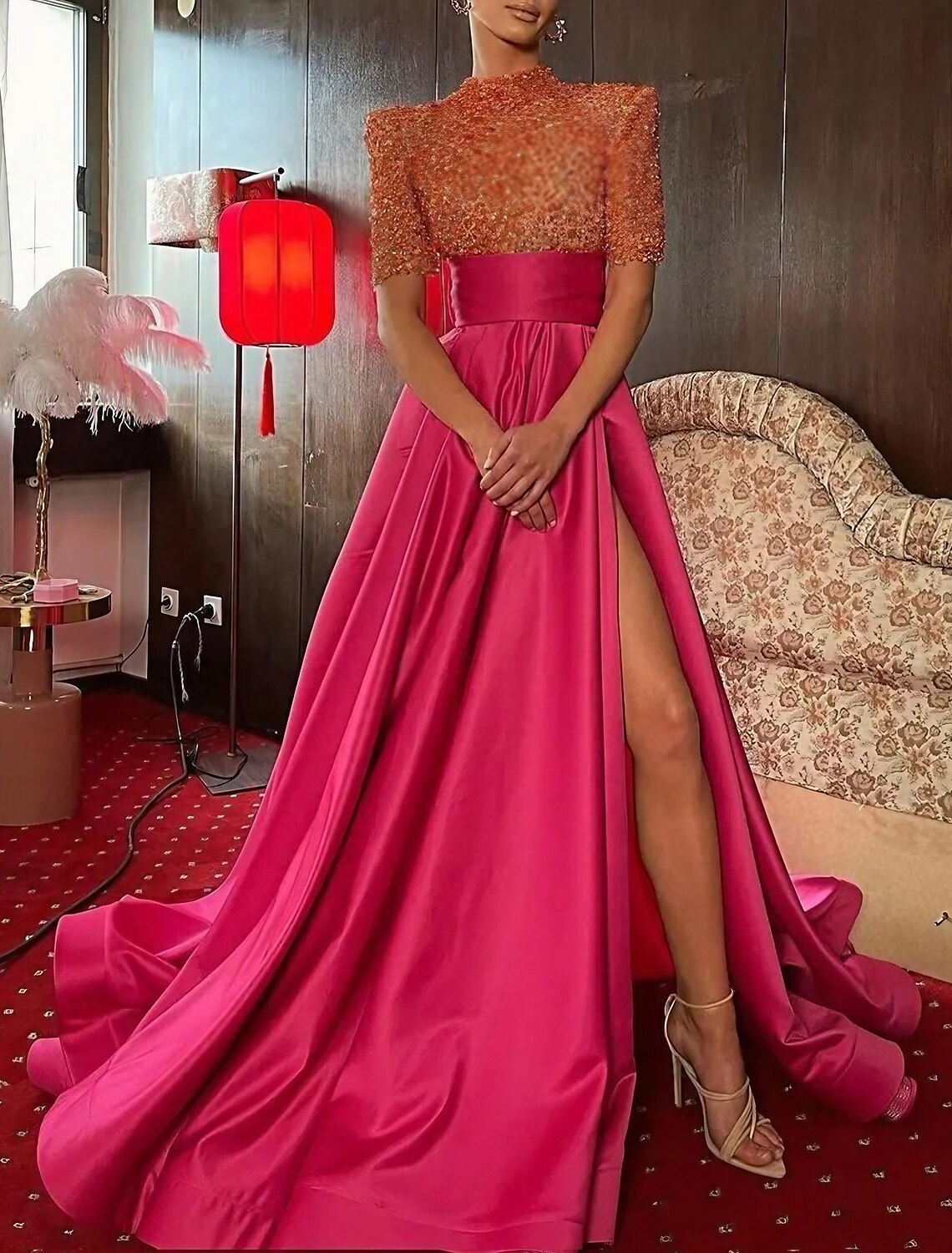 Green Evening Gown Christmas Red Dress Formal Carival Chapel Train Half Sleeve High Neck with Pearls