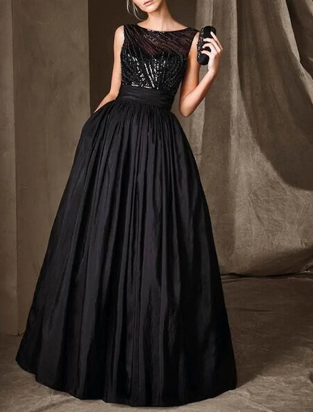 Mother of the Bride Dress Wedding Guest Elegant Sparkle & Shine Jewel Neck Floor Length Taffeta Sleeveless with Pleats