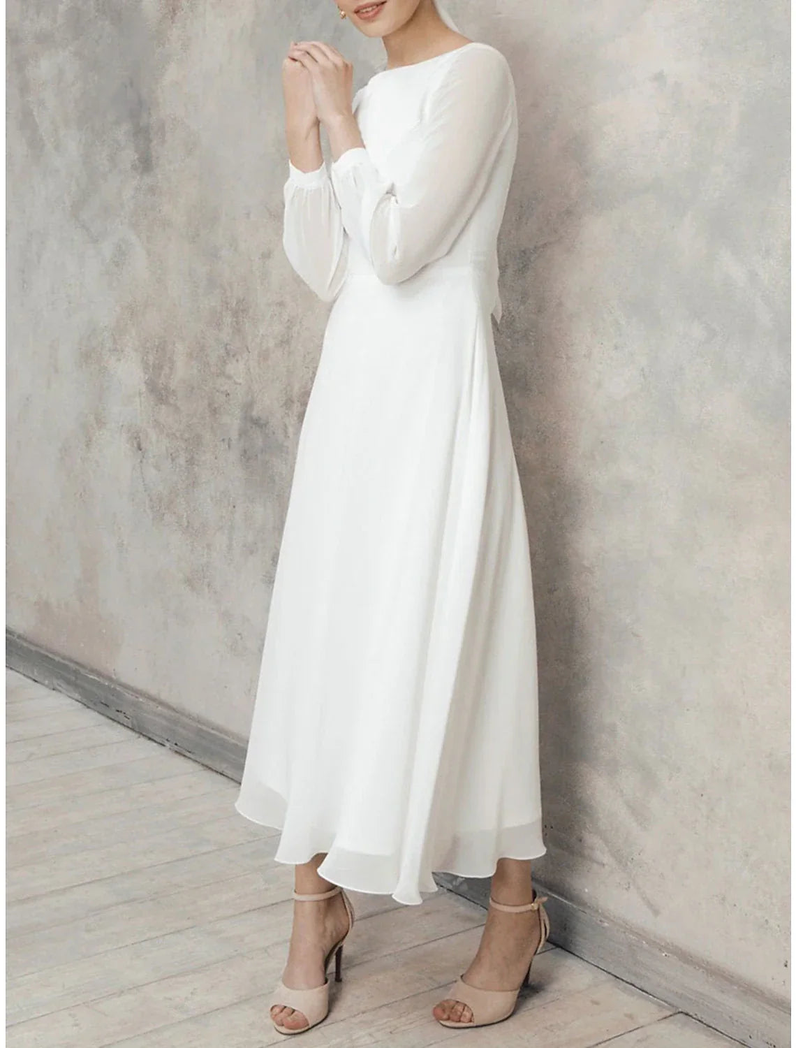 White Cocktail Dresses Little Dresses Dress Wedding Reception Tea Length Long Sleeve Jewel Neck Fall Wedding Guest V Back with Ruffles Pure Color