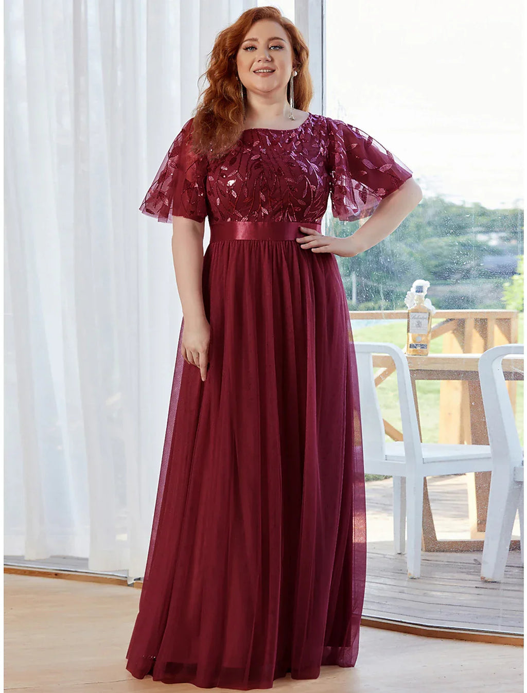 Vintage Dress Prom Floor Length Short Sleeve Jewel Neck with Ruffles Appliques