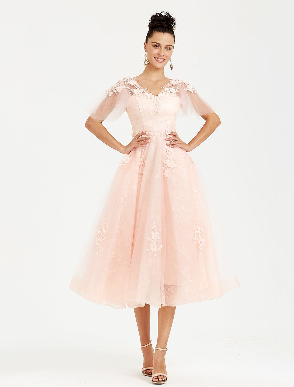 Wedding Guest Tea Length Short Sleeve V Neck with Appliques