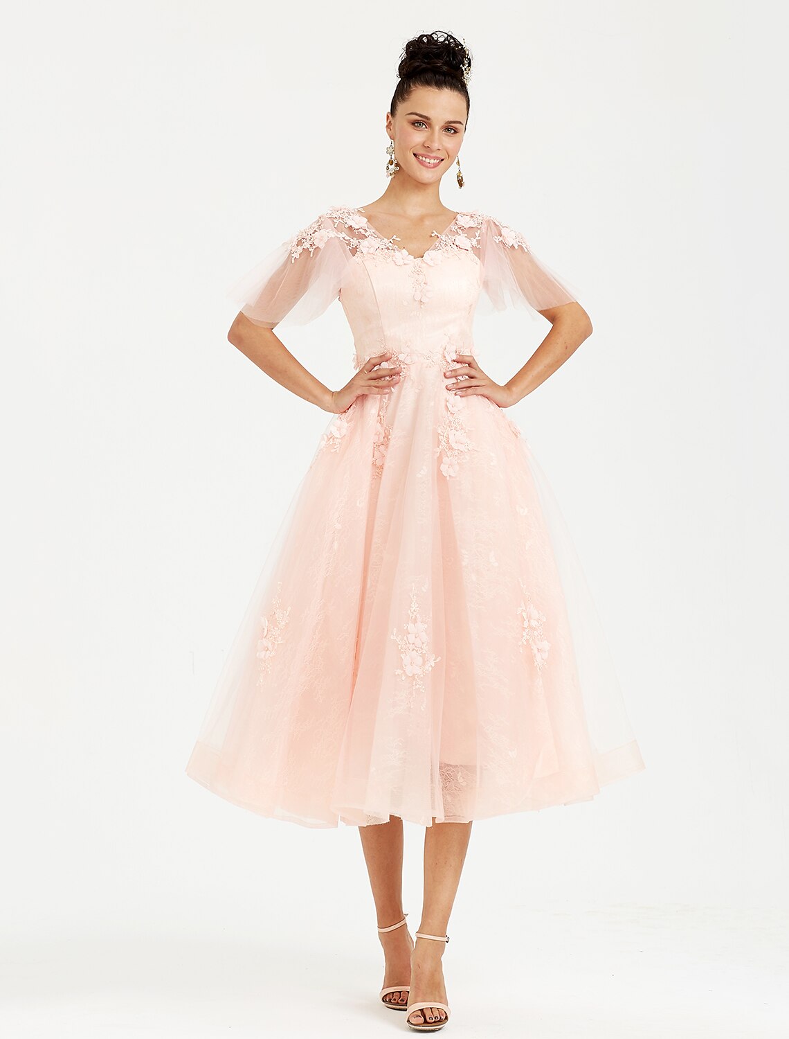 Wedding Guest Tea Length Short Sleeve V Neck with Appliques