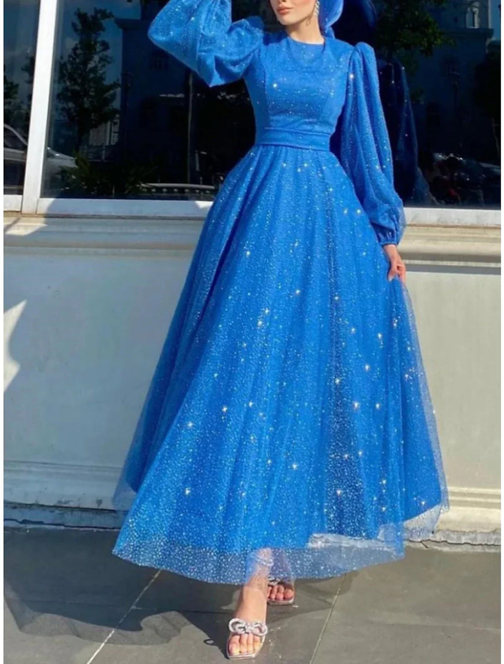 Evening Gown Elegant Dress Formal Ankle Length Long Sleeve Jewel Neck with Glitter Pleats